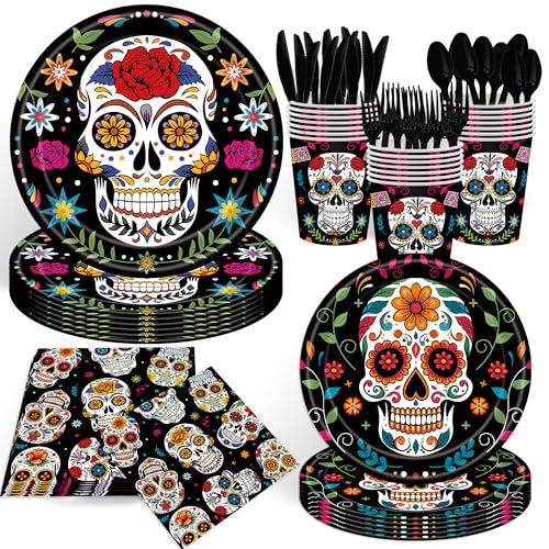 140-Piece Day of the Dead Party Supplies Set for 20 Guests - Sugar Skull Plates Napkins Cups Cutlery