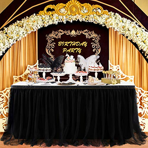 9ft Black Tulle Table Skirt with Gold Trim for Party Wedding Baby Shower