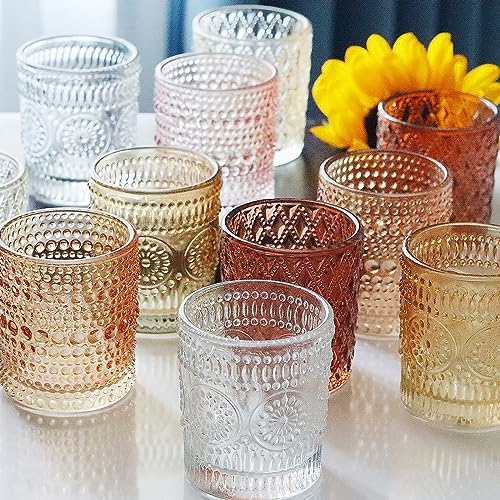 Multicolor 12 pcs Glass Votive Candle Holders Set with 6 Fall Colors & 3 Patterns