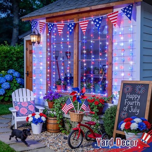 JMEXSUSS 300 LED Curtain Lights for 4th of July - Red White & Blue, 9.8x9.8ft, Outdoor Indoor Decor with Remote