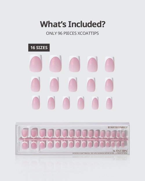 BTArtboxnails French Tip Press On Nails - Salon Quality Glitter Pink Short Square, 96 Pcs Soak Off Soft Gel Kit for Easy DIY at Home | Long Lasting Manicure with 16 Sizes (XCOATTIPS)