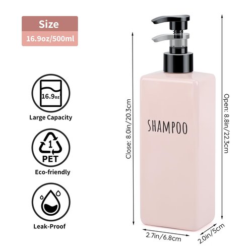 Segbeauty Refillable Shampoo and Conditioner Bottles, 3pcs 16.9oz Square Plastic Bathroom Soap Dispenser Set, 500ml Empty Shower Bottles Lotion Dispenser Press Pump Bottle for Modern Home Decor Pink