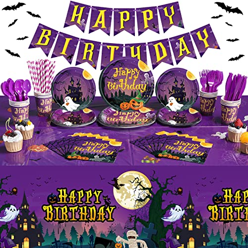 Halloween Birthday Party Supplies Set for 24 Guests - Tablecloths, Banner, Cutlery