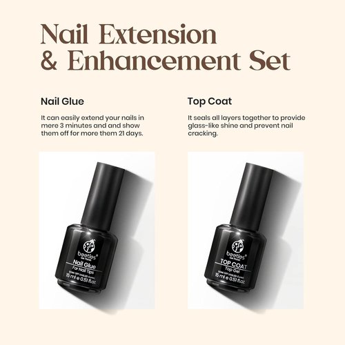 Beetles Gel Nail Glue and No Wipe Top Coat Kit, 2Pcs 15ml 9 In 1 UV Nail Glue for Acrylic Nail Tips Clear Press On Nails, Easy Nail Extension Gel, Soak Off LED Shine Finish DIY Home Manicure