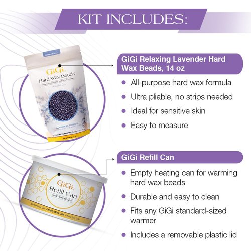 GiGi Hard Wax Beads Refill Can 14 oz and Relaxing Lavender Hard Wax for Hair Removal 14 oz