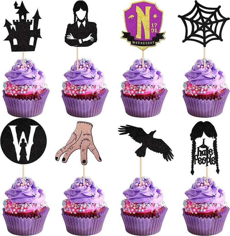 Addams Theme Cupcake Toppers 24 Pcs - Fantasy Horror Party Decorations Design 1