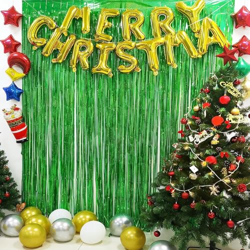 Laser Green Tinsel Backdrop Curtains - 4 Pack, 12.8x8.2 ft, Party Decorations