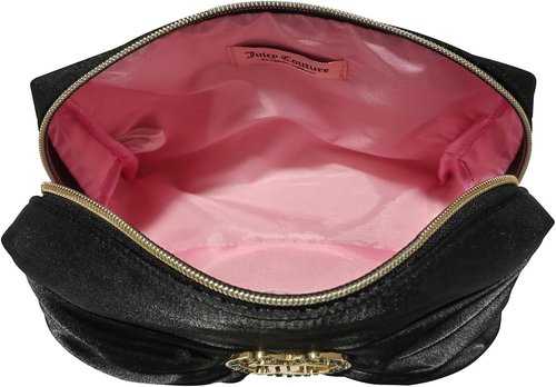Juicy Couture Black Makeup Bag - Stylish Cosmetics Organizer with Satin Bow & Rhinestone Heart