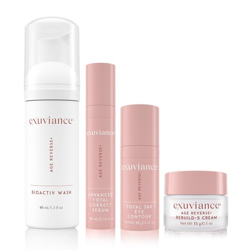 Exuviance Age Reverse+ Anti-Aging Skin Care Set - Mini Starter Kit with Exfoliating Wash, Serum & Cream - 4 ct
