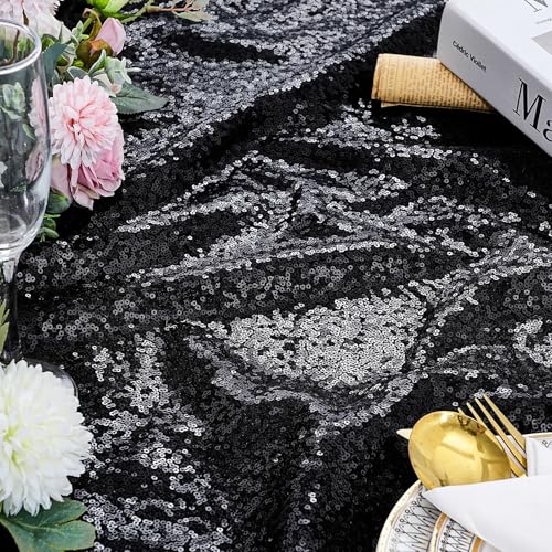 QueenDream Black Sequin Round Tablecloth 132 Inch - Party & Event Decor