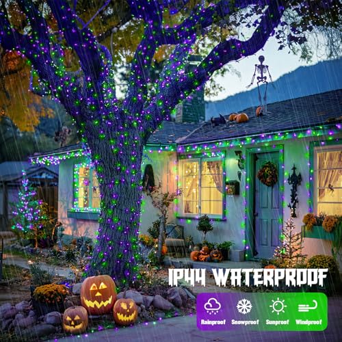 Purple and Green Halloween String Lights 2 Pack - Battery Operated & Remote Control