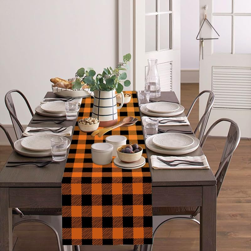 Black and Orange Buffalo Plaid Table Runner 13x72 Inch - Durable Polyester Home Decor