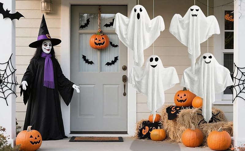 Light Up Halloween Ghost Decorations - Purple Ghosts 27.5 Inch Pack of 4 with LED Lights
