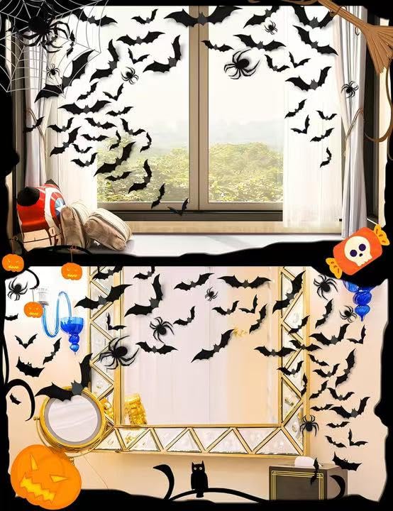 Halloween Bat and Spider Wall Decorations Set - 152 Pieces Indoor Party Decor