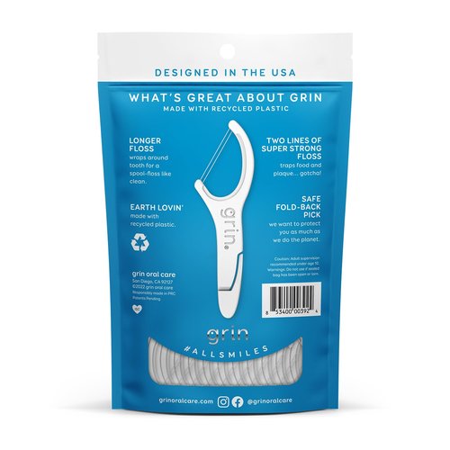Grin Dental Floss |3 Packs of 60 (Double Twice The Clean Deux Fois Plus Propre), White, Total: 180, 1.0 Foot, 0.18 pounds