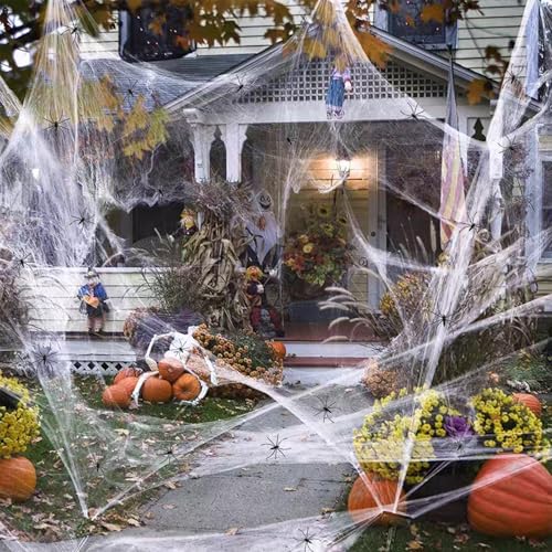 MSQ Spider Web Halloween Decorations - Style6, 600 Sq Ft Stretch Cobwebs with 20 Fake Spiders