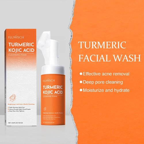 FluMisch Turmeric Kojic Acid Facial Cleanser - Brightening Foaming Wash with Massage Heads | 4.23 oz