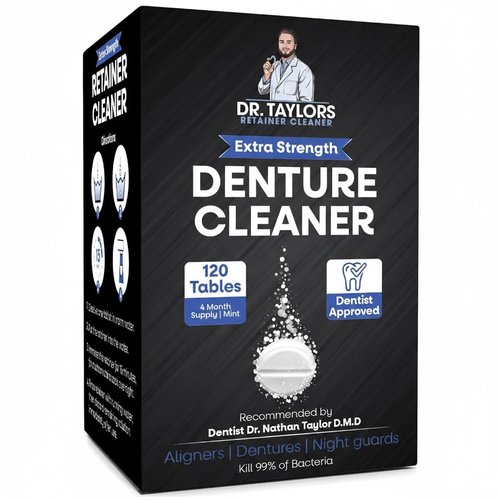 Dr. Taylor’s Denture and Retainer Cleaner Tablets (120 count) Effectively Removes Stains, Plaque, and Odor - Sports guards, Night Guards, Clear Aligners & Dentures Refreshing Mint Flavor