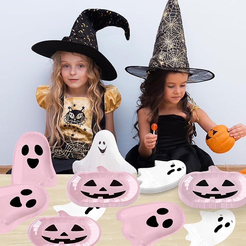 Pink Pumpkin Ghost Halloween Paper Plates Napkins Party Tableware Set - 100pcs (Variation: Pink Pumpkin)