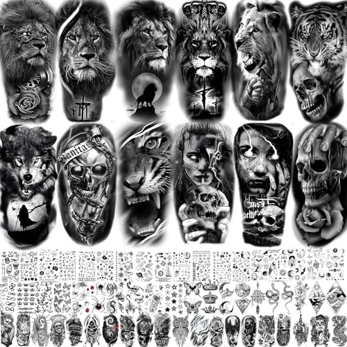 Temporary Tattoos for Men Women 70 Sheets Realistic Wolf Tiger Lion Black Animals Variation