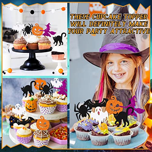 Halloween Cupcake Toppers Set - Ghost Pumpkin Witch Bat Spider Decorations for Kids & Parties