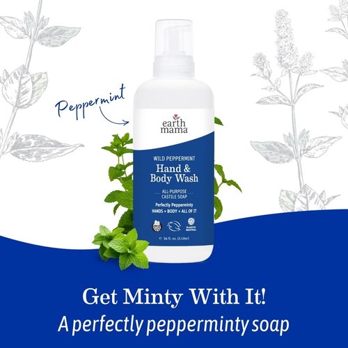 Earth Mama Wild Peppermint Hand & Body Wash | Foaming Castile Soap Liquid and Hand Soap, Made with Organic Wild Mint & Peppermint Oil, 34 fl oz