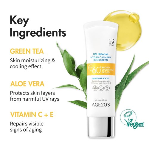 AGE20'S UV Defense Hydro Calming Sunscreen SPF 60+ - Moisturizing, Lightweight Formula with Green Tea & Aloe Vera | 1.69 fl. oz*2