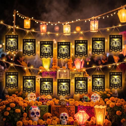 Dia De Los Muertos Paper Lantern Set - 20 Black Papel Picado Decor with Monarch Butterfly Motifs