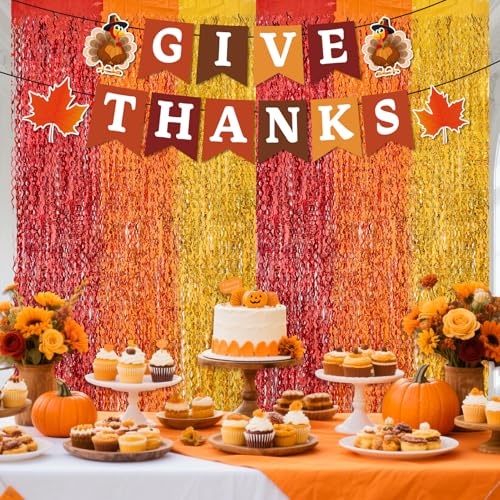 Thanksgiving Foil Fringe Curtain Backdrop with Give Thanks Banner - 2 Pack - Fall Party Decorations - Thanksgiving Variation