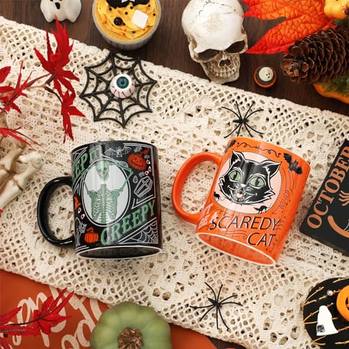 Halloween Ceramic Coffee Mug Set - Pumpkin Black Cat Skeleton 12oz