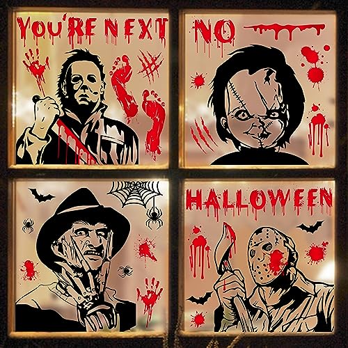 Auzesto Scary Halloween Window Clings Set - Bloody Handprints, Footprints & Ghosts, Waterproof, Retro Style, 9 Sheets