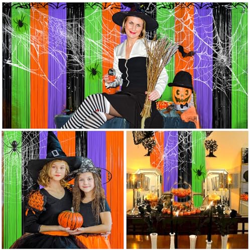 Halloween Foil Fringe Curtain Set - Green & Purple Metallic Tinsel Backdrop for Parties