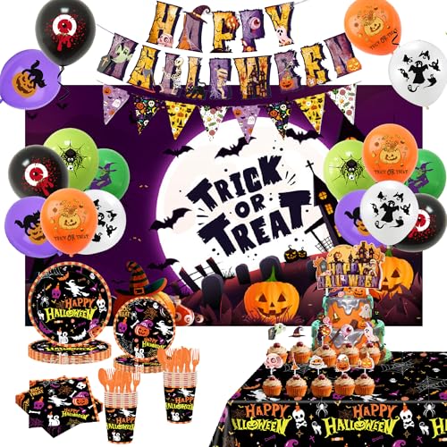 Halloween Party Decorations Set with Bat Cat Pumpkin Backdrop Banner Balloons & Tableware - All Saints Day