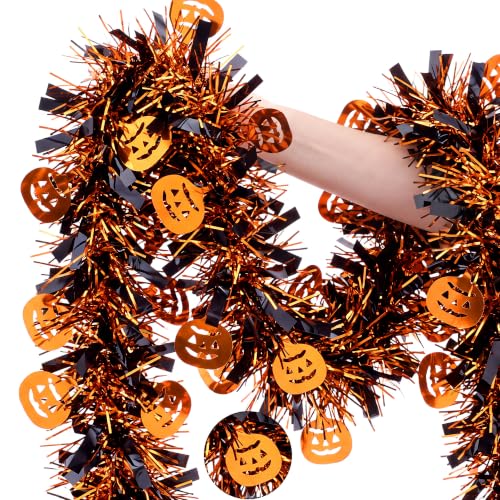 Halloween Tinsel Garland with Pumpkin - 100 Ft Orange Black Decor