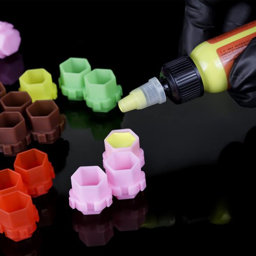 Linetion Tattoo Ink Caps Cup for Tattooing Honeycomb Shape Spliceable Anti-Rollover Spill,Eco-Friendly Non Fade Material,Large Inner Size 0.63 * 0.75 inch(W*H),200pcs Pack (Mix Color)
