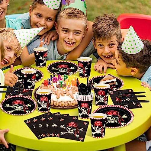 Pirate Party Supplies Set - 144 pcs Disposable Plates Cups Napkins Cutlery for Kids & Boys