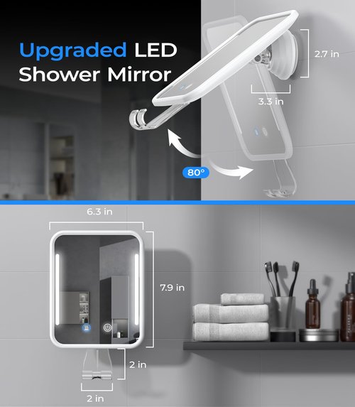 Gospire Heated Shower Mirror Fogless for Shaving with Light, 5000mAh Rechargeable Battery, Detachable Suction Cup and Razor Holder for Wall, NO-Drilling, Removable, Waterproof for Bathroom - White
