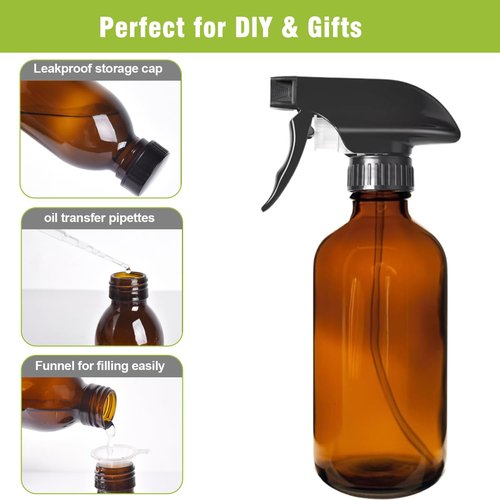 HAOERMEI 16oz Amber Glass Spray Bottles,2-Pack Refillable Empty Spray Bottl for Cleaning, Hair Care, Plants - Adjustable Nozzl