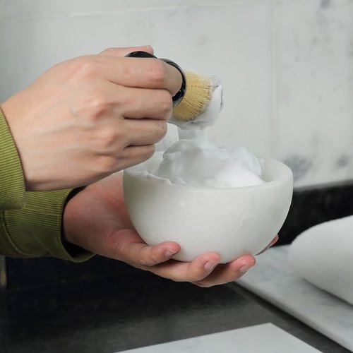Koville White Marble Shaving Soap Bowl Handmade from Natural Marble, Heat Retaining Stone Provides a Luxurious Hot Shave Experience, Shaving Bowl Gift for Men with 2 Pack Shaving Brush