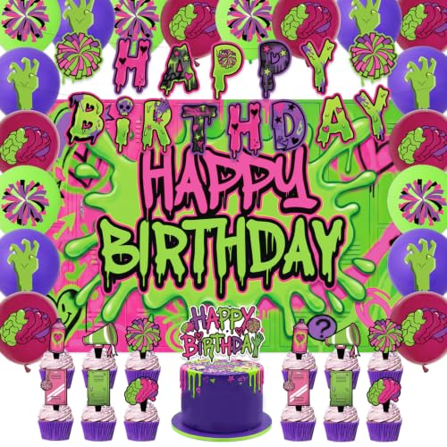 Zombie Party Decorations Set with Cake Toppers Banner Balloons Backdrop - Horror High School Theme