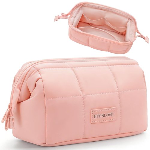 DSDCDJ Puffy Makeup Bag Travel Toiletry Bag, Waterproof Make Up Bag for Women, Lightweight Wide-open Cosmetic Bag with Multiple Compartments, Pouch Travel Essentials Toiletries, Pink