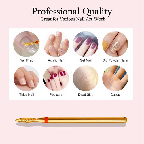 ERUIKA 10pcs Diamond Flame Titanium Cuticle Drill Bits Set, Professional Cuticle Nail Drill Bits for Dead Skin 3/32'' Nails Dry Manicure Pedicure Shape Remove Nail Salon Tools(Gold, Fine-F)
