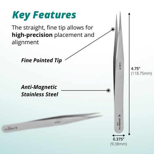 Excelta 3-SA-PI Straight Very Fine Precision Pointed Tweezers, 4.75 Inch, Conductive Anti-Magnetic Stainless Steel 316L, Ideal for Magnification Work, Made in Italy, Intermediate