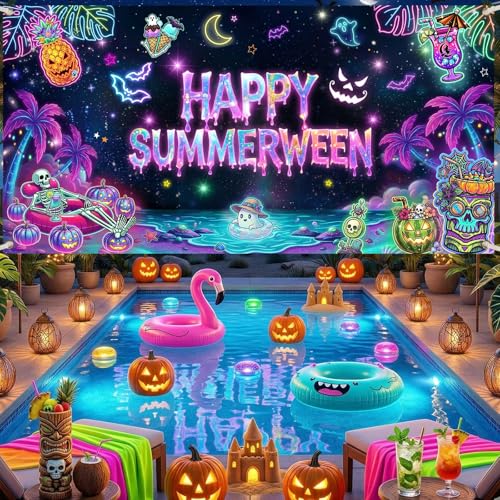 Summerween Halloween Banner - Tropical Pink Pumpkin Wall Decor 70.8x35.4 Inches