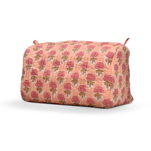 Cotton Hand Block Floral Print Toiletry Bag For Women Make Up Cosmetic Bag Jewelry Organizer Kit Storage Bag Case Travel Accessories Essentials Toiletries Purse Open Pouch, Orange (9.25"x 6.88"x 4.5")