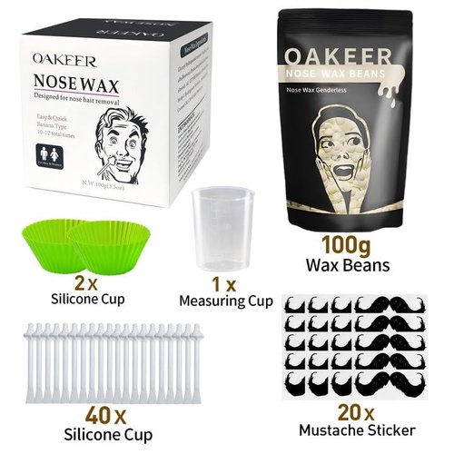 Oakeer Nose Wax Kit - 40 Sticks, Hair Remover for Men & Women, Ears & Nose, with 20 Paper Cups & 100g Wax