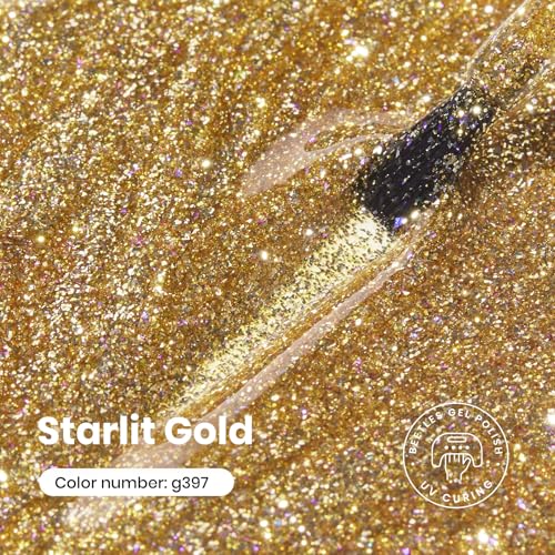 Beetles Gold Gel Nail Polish - 15ML Starlit Gold Reflective Glitter - Blue Variation