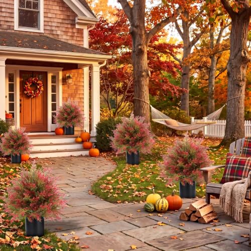 Artificial Fall Cedar Topiary Trees in Pot - Red & Green, 2 Pack Outdoor Faux Shrubs