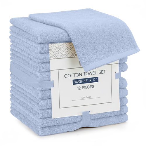 Linteum Textile Supply Premium 12x12 Washcloth (Light Blue) – 100% Cotton Zero Twist Towels | Absorbent, Quick Dry, Durable for Bathroom, Spa, Gym (12 Pack)