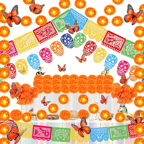 Day of the Dead Decor Set with Marigolds Banners Butterflies - 60 pcs